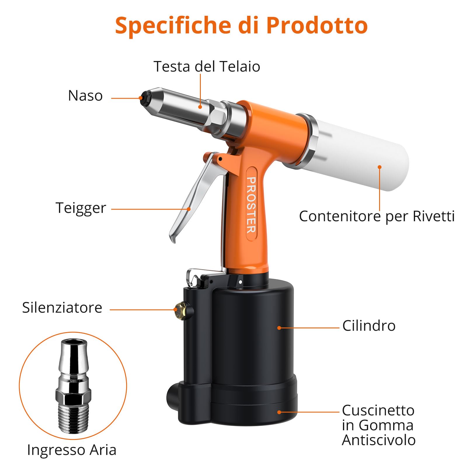Proster Kit Rivettatrice ad Aria 500Pz Rivetti 1/4" Professionale 2.4-4.8mm Pistola a Rivetto 1408KGF