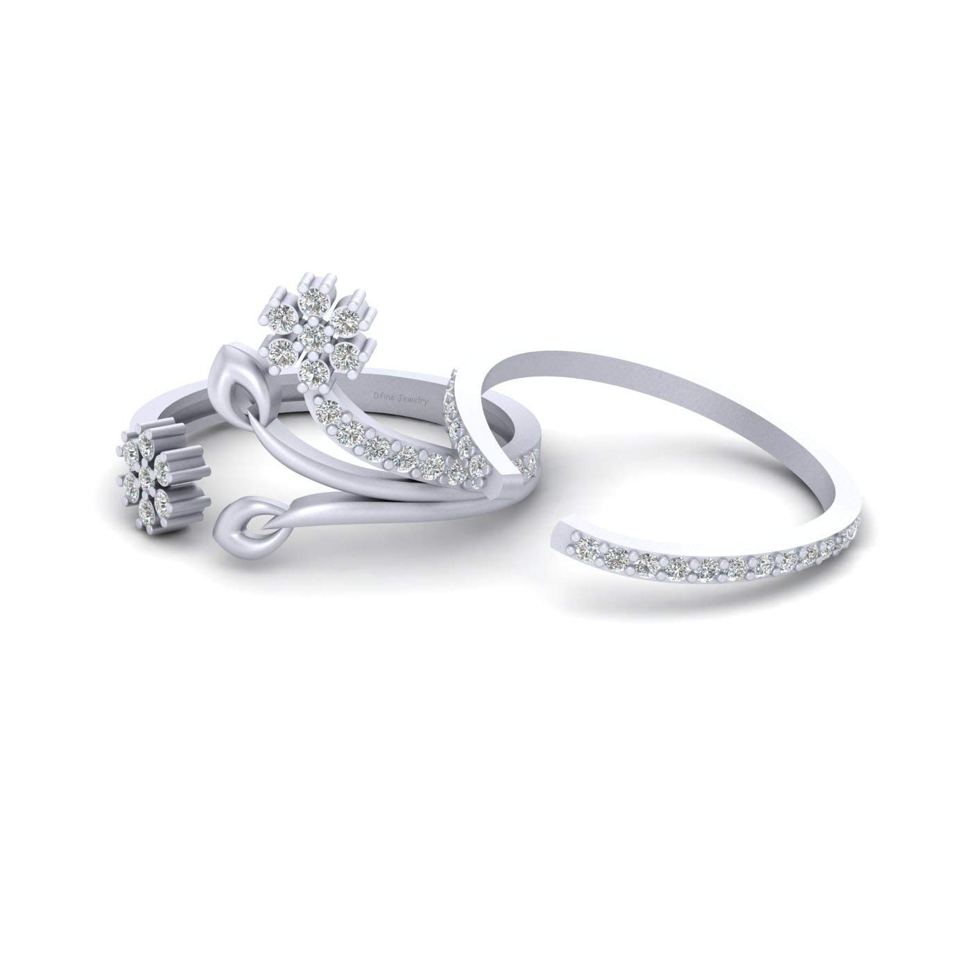 Conjunto de anillo de boda con diseño de hojas florales, diseño de flores de racimo de diamantes de plata de ley 925, ajustable, Metal metal Piedra, Diamond