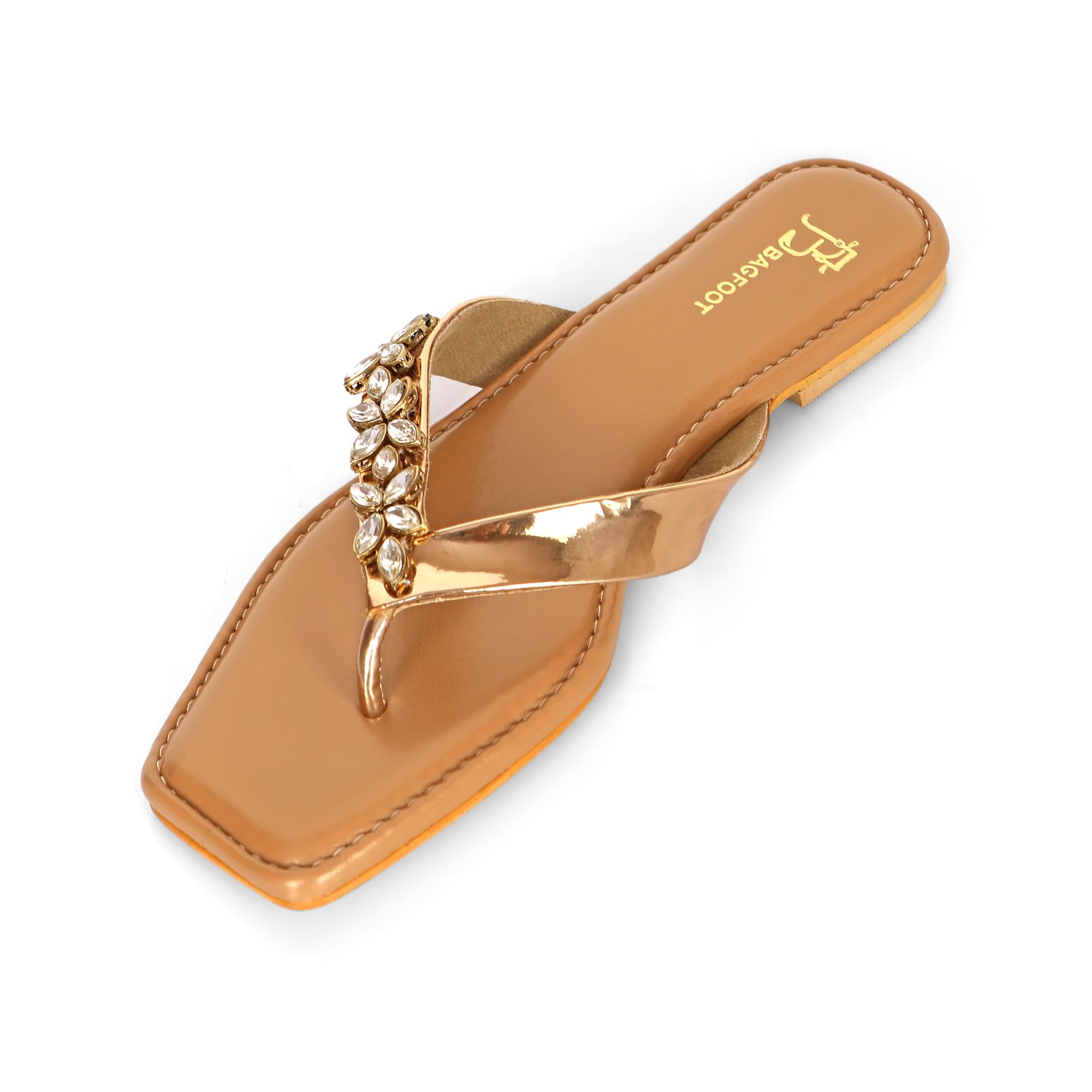 Women’s Tan Flat Toe Ring Sandals with Gold Crystal Embellishment Slip-On Square Toe Chappal-picture-26