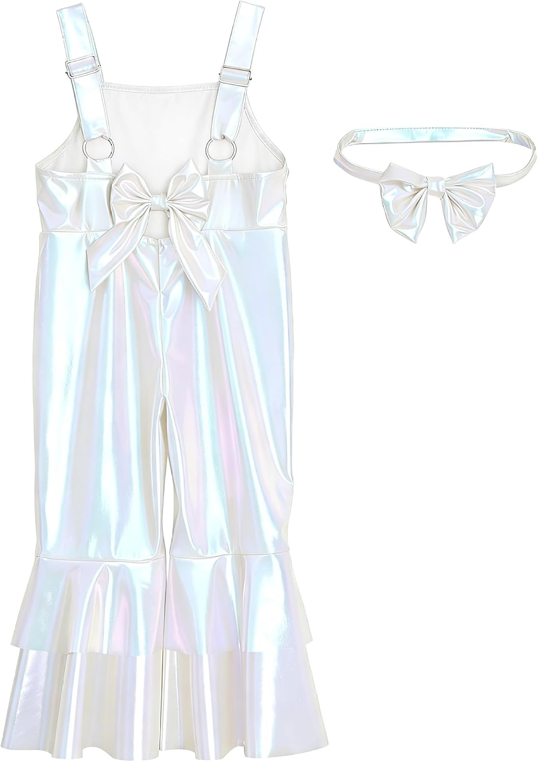 Infant Baby Girls Sparkly Ruffles Pants Coveralls Shiny Metallic Overalls with Headwear Ivory 3-4 Years