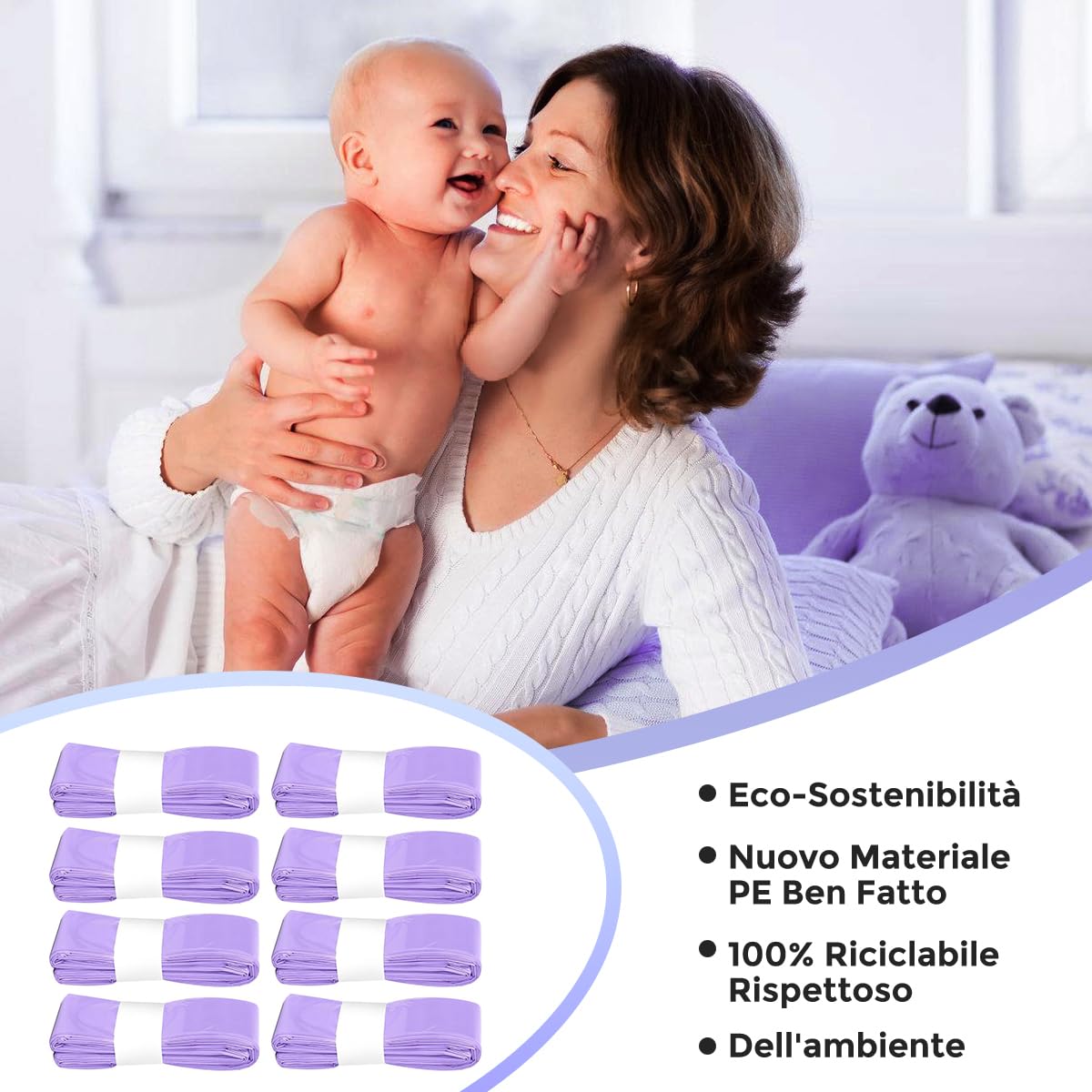 Ricarica Mangiapannolini Compatibile con Tommee Tippee Foppapedretti Maialino Angelcare Twist e Click Simplee Tec Litter Locker, 8 Pezzi Sacchetti Mangiapannolini, Viola