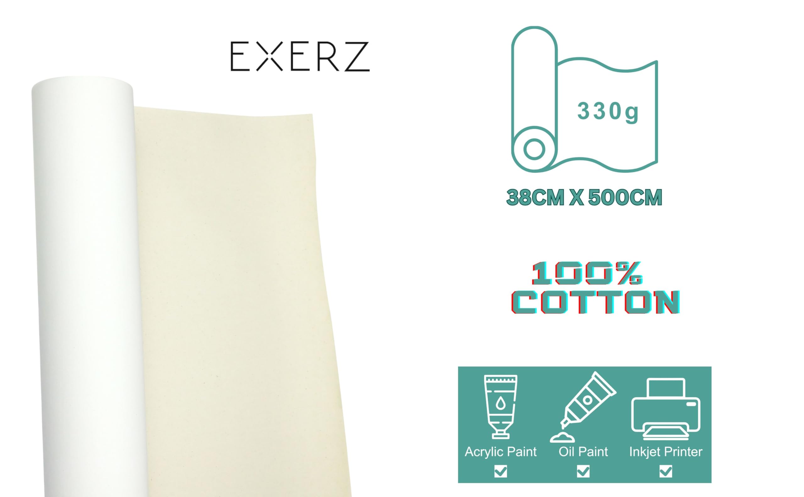 EXERZ Cotton Canvas Roll 38cm X 5M, 330gsm - Acrylic Painting, Oil Painting, Inkjet Printing (Cotton 38CM x 5M) - Image 3