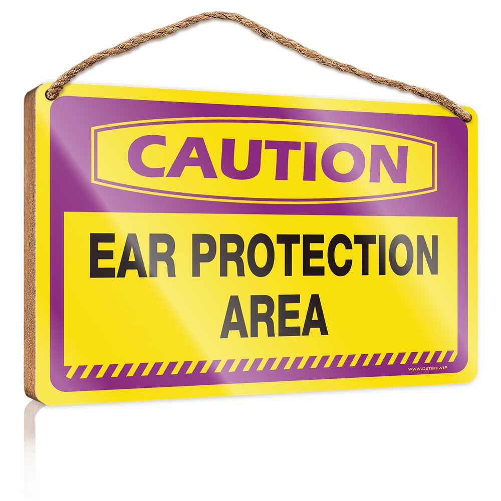 HMQW Hanging Wooden Plaque Caution Ear Protection Area Wooden Sign Decore For Room Funny Bathroom Wall Decor Sign Woo(23X35CM)