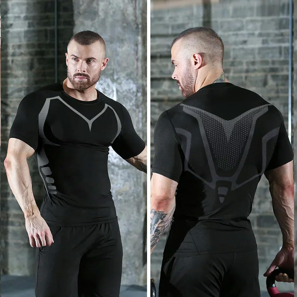 DYRBF - Camiseta de compresión para hombre, secado rápido, para fútbol, fitness, gimnasio, deporte, manga corta, transpirable