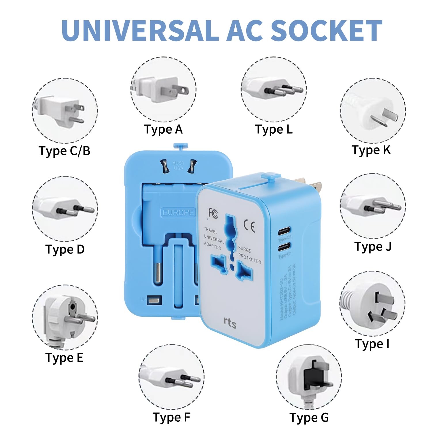 rts Universal Travel Adapter, (Dual Type C) 2 Type C 1 USB Plug International All in One Worldwide Travel Power Plug Adapter Suitable for 200+ Countries Wall Charger for USA EU UK AUS European — Amazon image 4