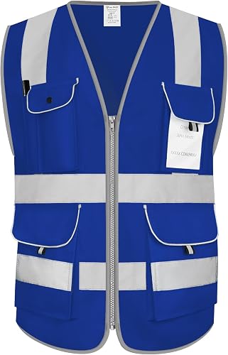 Uno Mejor High Visibility Safety Vest Full Zip 8 Pockets for Men, Blue XXL