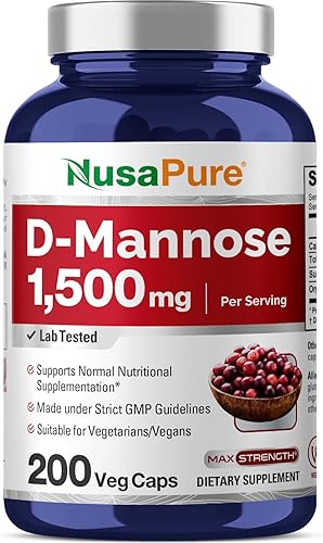 NusaPure D-manosa 1500 mg por porción - 200 cápsulas vegetarianas (orgánica, sin OMG, vegana)