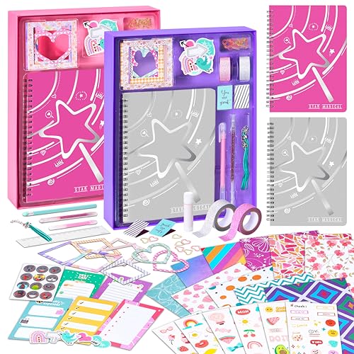 VigorFun 2 Pack DIY Journal Kit for Girls Ages 8-12, Gifts for Teen Girls - Share Scrapbook & Diary Supplies Set with Friends, Journaling Art and Crafts Kit (Pink+Purple)