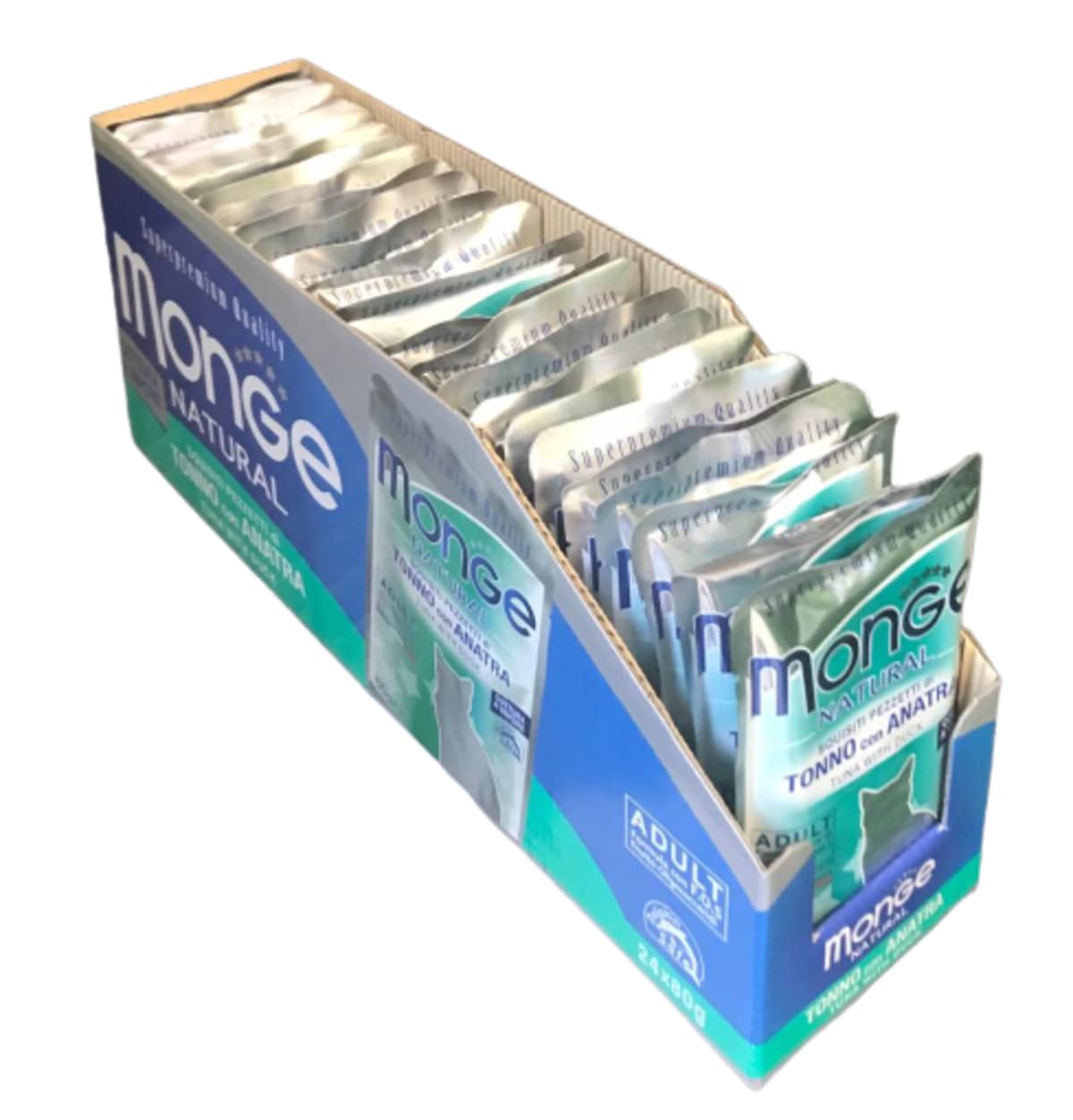 Monge Natural Supremium quality Mokre jedzenie dla dorosłych kotów smak tuńczyka z kaczką gotowaną na parze. Opakowanie 24 saszetek (1 saszetka = 80 gr.) Bez barwników i konserwantów
