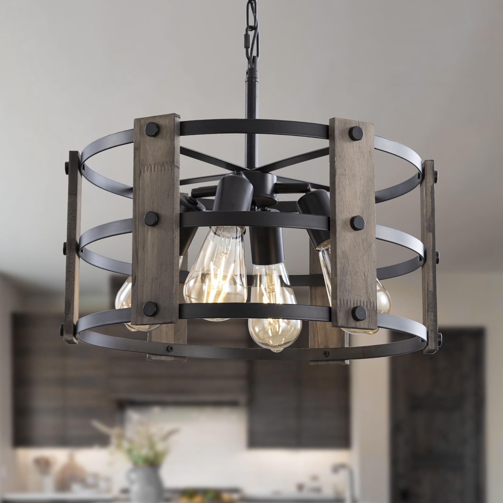 Mikeru Farmhouse LED Wooden Pendant Light, 39cm 4 Lights Industrial Lighting Ceiling Pendant, Vintage Wooden Hanging Pendant Light for Kitchen, Living Room, Farmhouse, Dining Room, Hallway — image 1