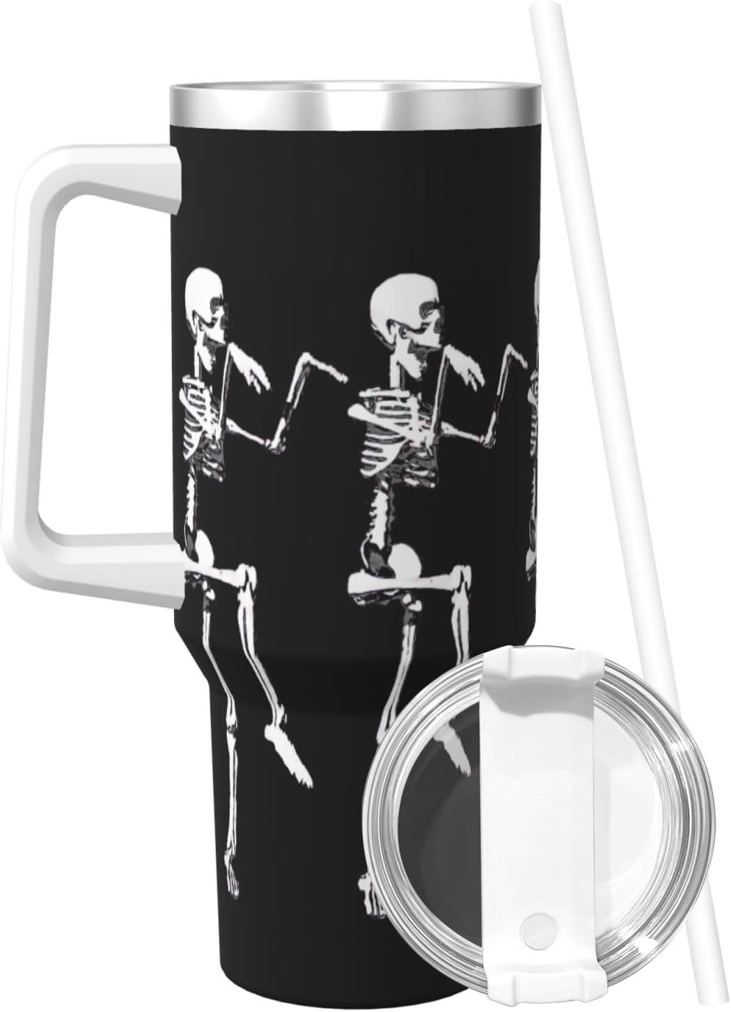 40 OZ Halloween Posable Skeleton Skull Print Ice Bully Cup with Handle Straw Lid Straw,Stainless Steel Tumbler Coffee Cup