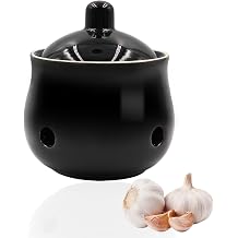 Ceramic Garlic Keeper for Counter, Garlic Holder Storage Jar with Lid, Vented Ginger Potato and Onion Storage Containers for Kitchen Countertop Decor Black