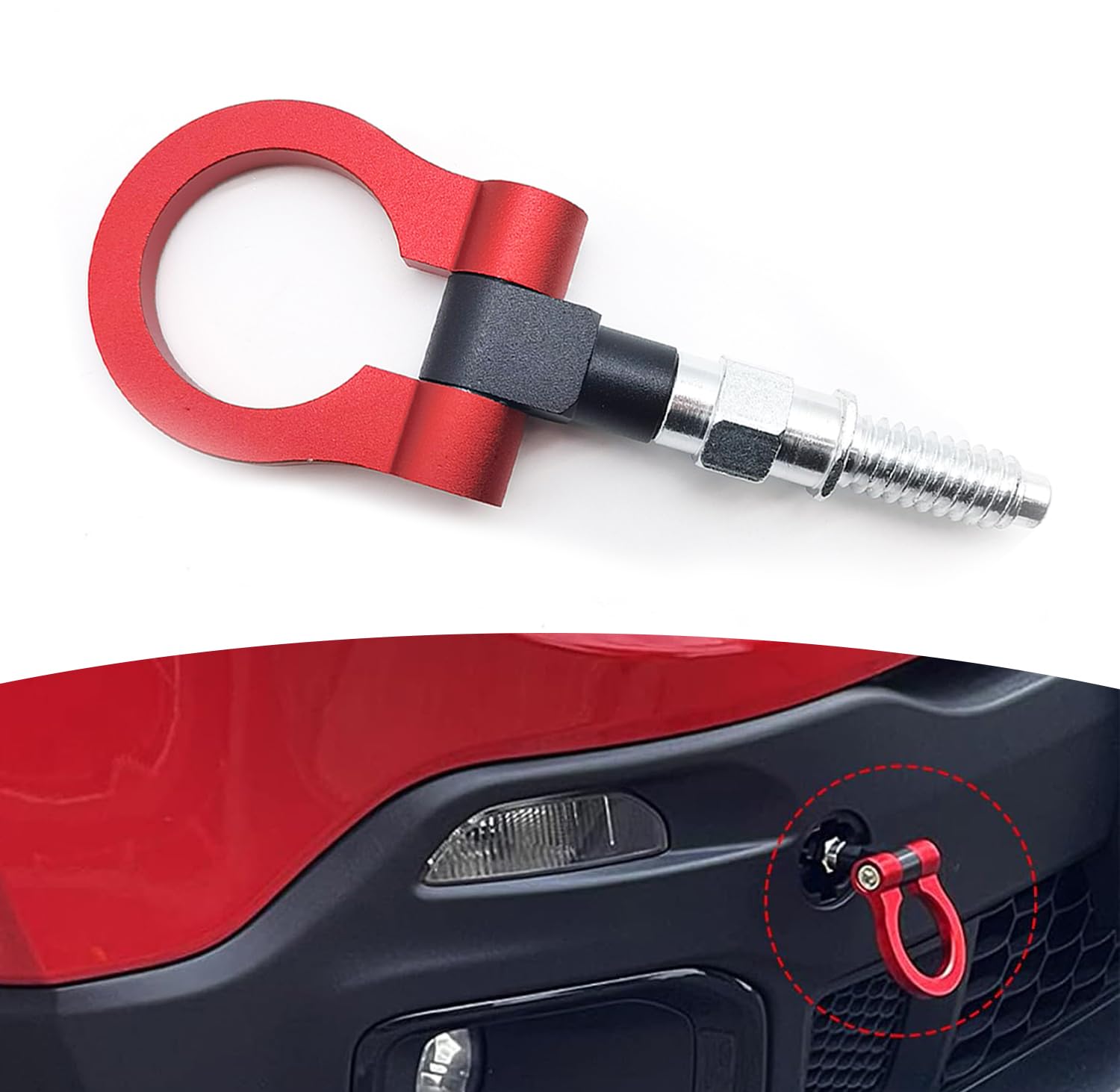 Pack-1 Car Front Bumper Tow Hook Pull Ring, Alloy Durable Screw-in Installation Tow Hook, Detachable Foldable Portable Tow Ring Modification Accessories, Universal for Cars Trailers (Red)