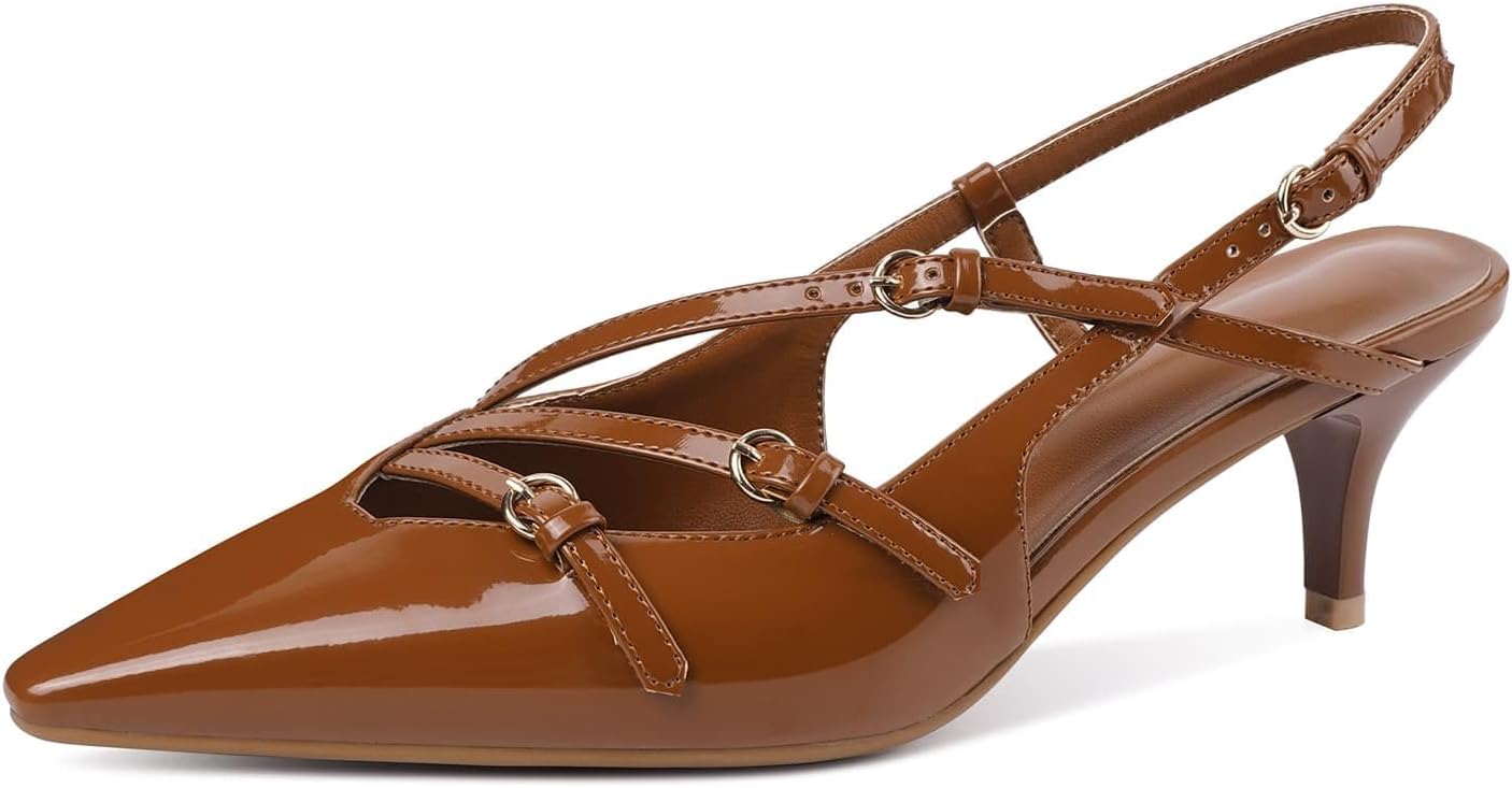 CORNMOOD Slingback Kitten Heels for Women Pointed Toe Stiletto Low Heels with Buckle Strap Heeled Pumps Sandals