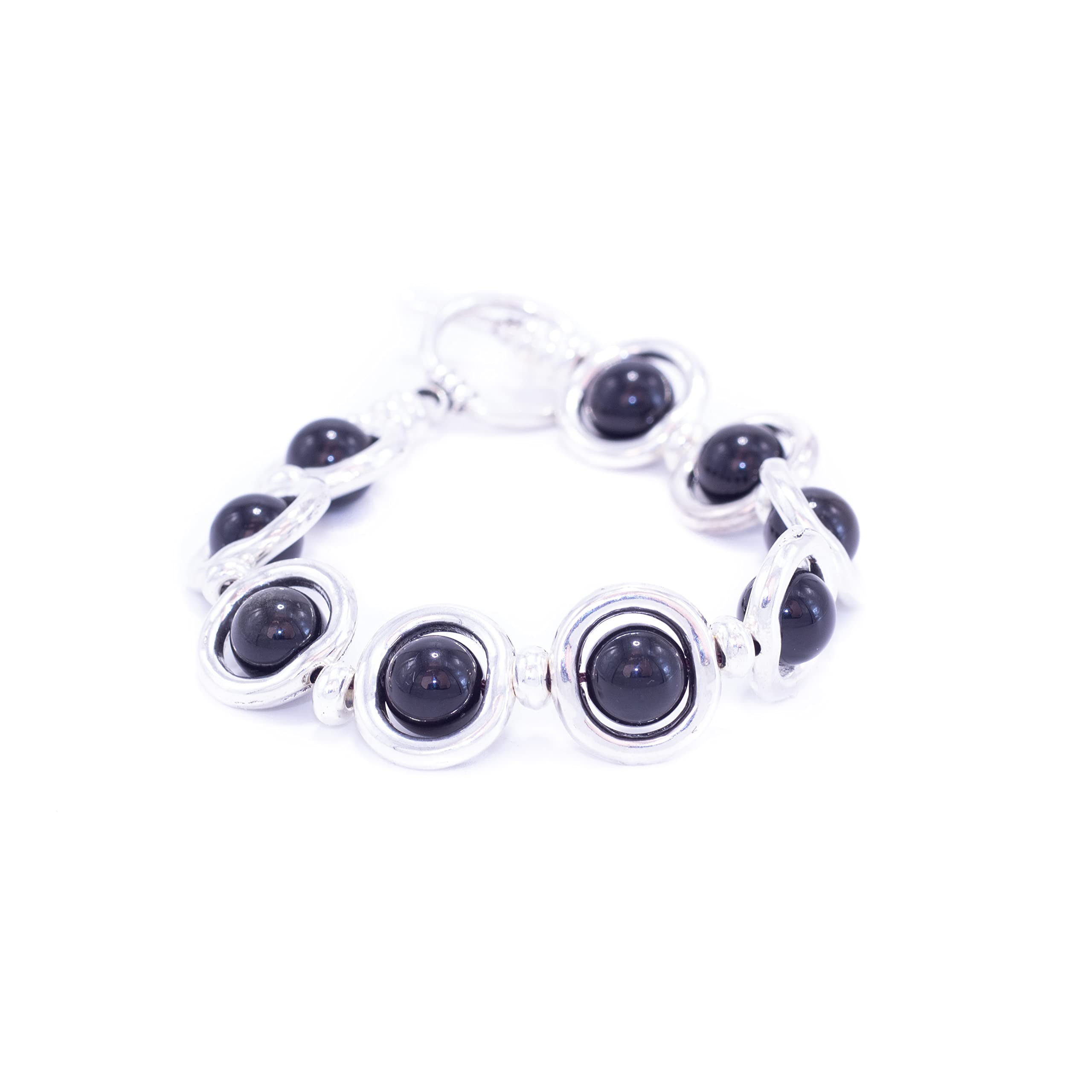 NILUXE DESIGN Pulsera mujer piedras naturales engarzadas zamak bañado en plata - Pulsera piedras semipreciosas - Pulsera mujer -Pulsera piedra natural(Obsidiana (negra))