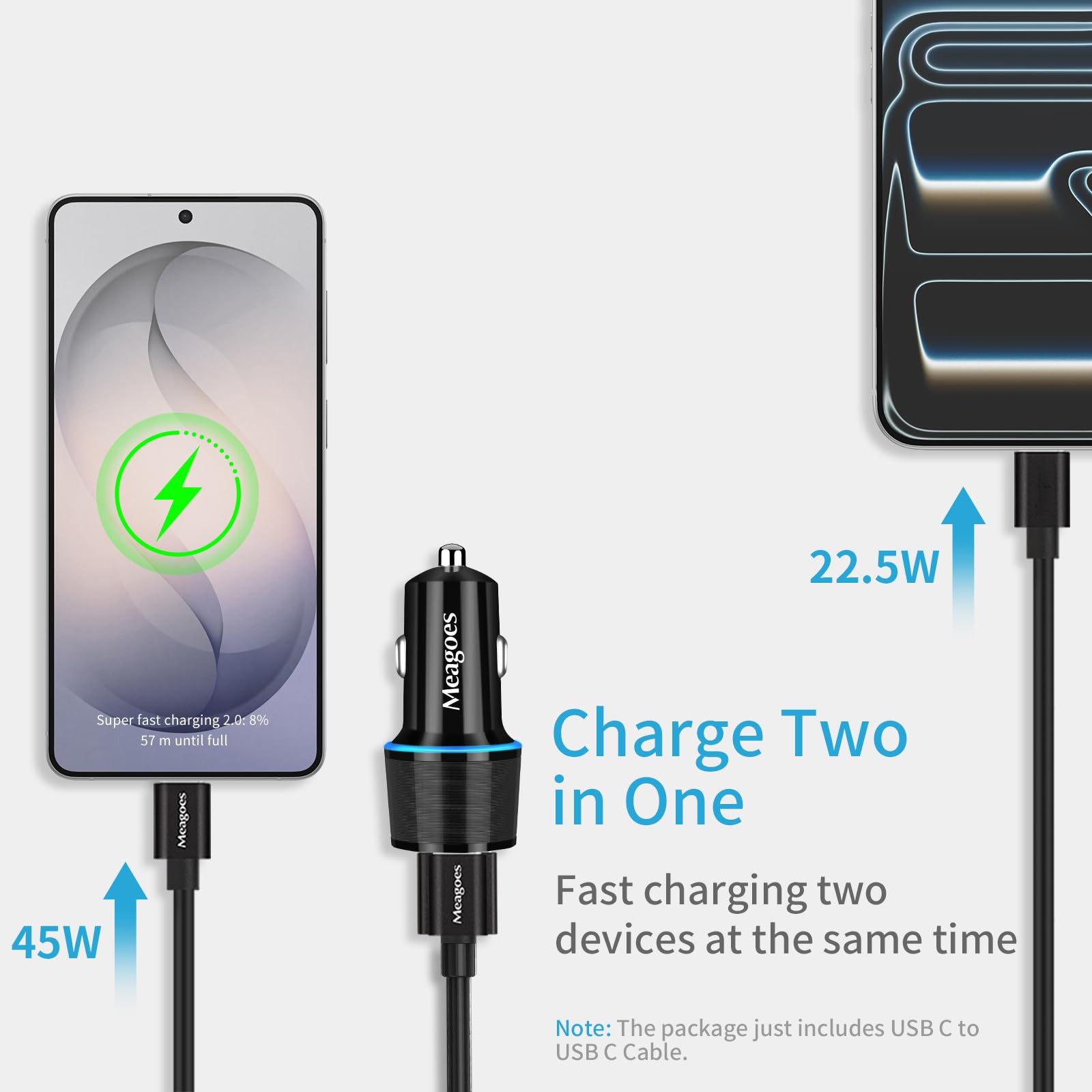 Meagoes 67.5W Car Charger USB C Super Fast Charging, 45W USBC & QC3.0 Port Plug for iPhone 17 Pro Max/Air/16/15/iPad, Samsung S26/S25 Android Cell Phone, Dual 12V Cigarette Lighter Adapter+ 3.3ft Type C Cable in use