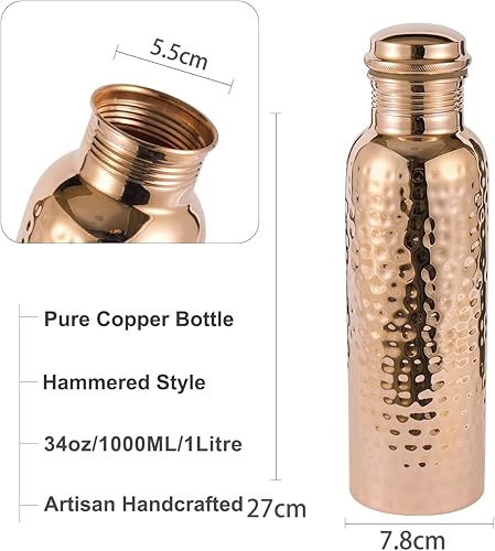 Miniatura 4 de Botella de agua de cobre con bolsa de yute, extra grande de 34 onzas, recipiente de cobre puro para beber, bebe más agua, botella de cobre para