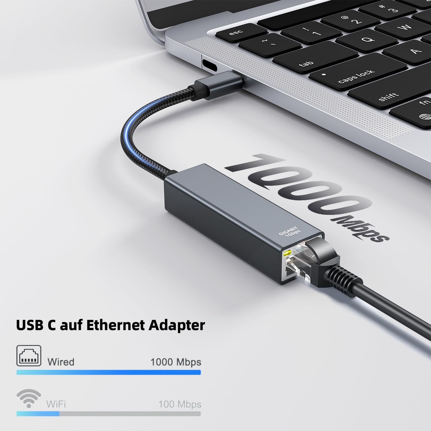 YUETUOL Adattatore USB C a Ethernet, Adattatore LAN Type-C a RJ45 Ethernet 1Gbps (Thunderbolt 3/4) Compatibile con iPhone 15 Pro, MacBook Pro/Air, Galaxy S23, Surface Book, Dell, Switch