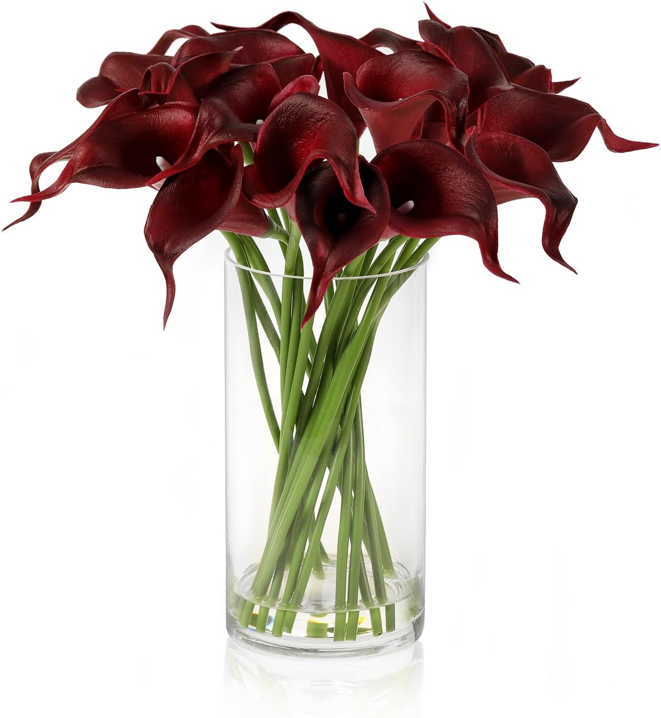 JOJOWOO Real Touch Calla Lily Artificial Flowers in Vase, Faux Floral Arrangements with Vase and Fake Water for Home Decor Dining Table (Dark Red)