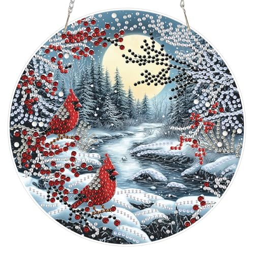 KEYIFA 5D Diamond Painting Erwachsene Set,Winterlandschaft mit Kardinal Diamond Painting Beidseitig Anhänger,DIY Kristall Anhänger Lesezeichen Bastelset, Hängende Diamantmalerei Kit für Wohndeko