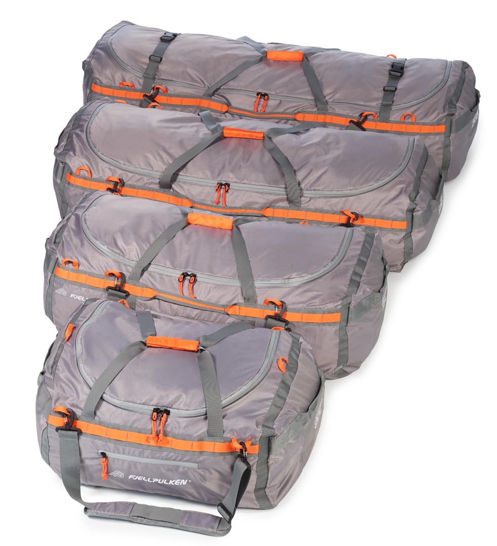 Packtasche für Sportausrüstung, robuste Seesäcke für Camping, Motorradfahren, Skifahren und Camping, Ausrüstung für Abenteuer, grau / orange, 80 Liter, Faltbare Multifunktionstasche