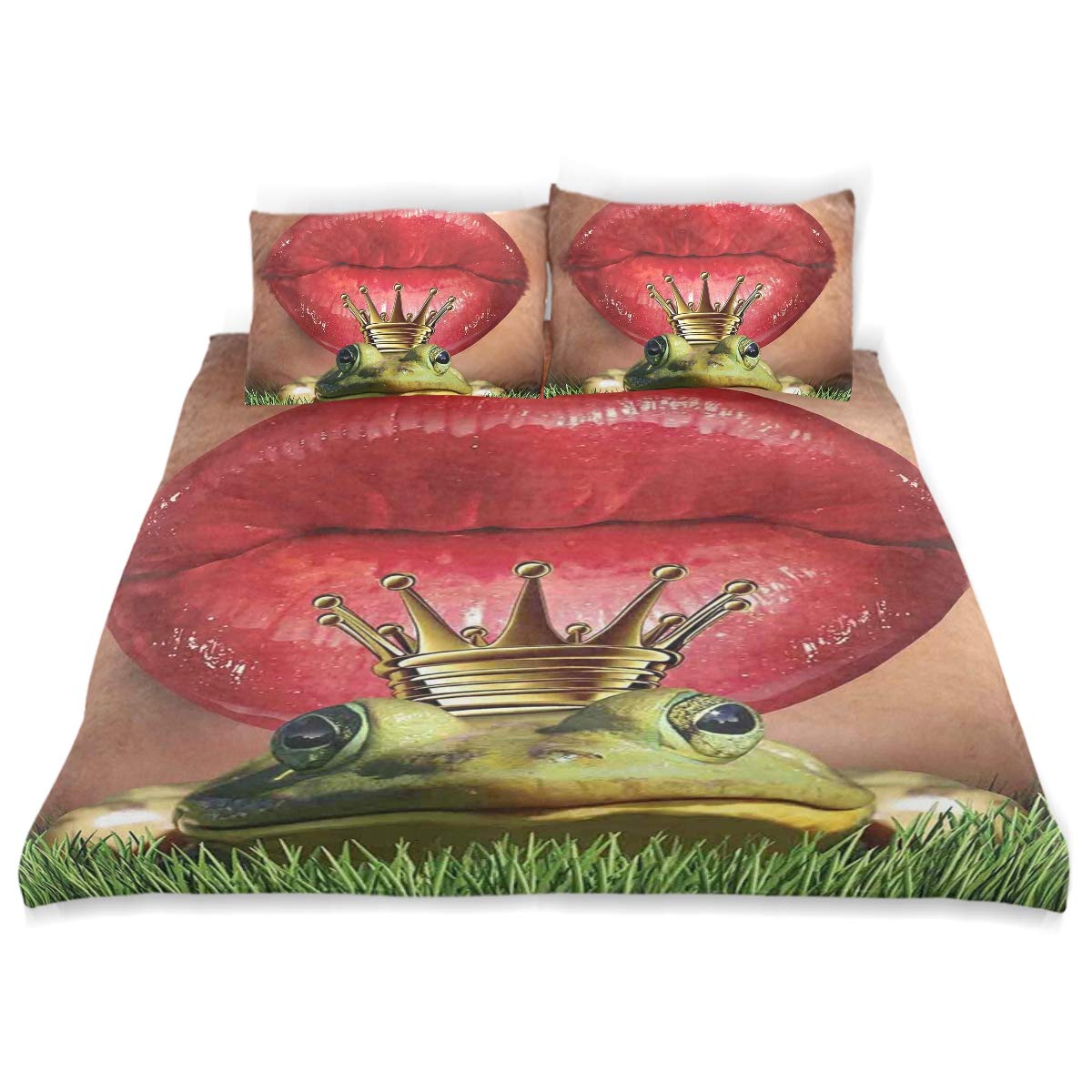 YCHY Decor Duvet Cover Set, Animal Decor Lady Finds Herfrog Prince Soul Mate Love Valentines Romance Fairy Tale Art A Decorative 3 Pcs Bedding Set with Pillowcases, Twin/Twin XL