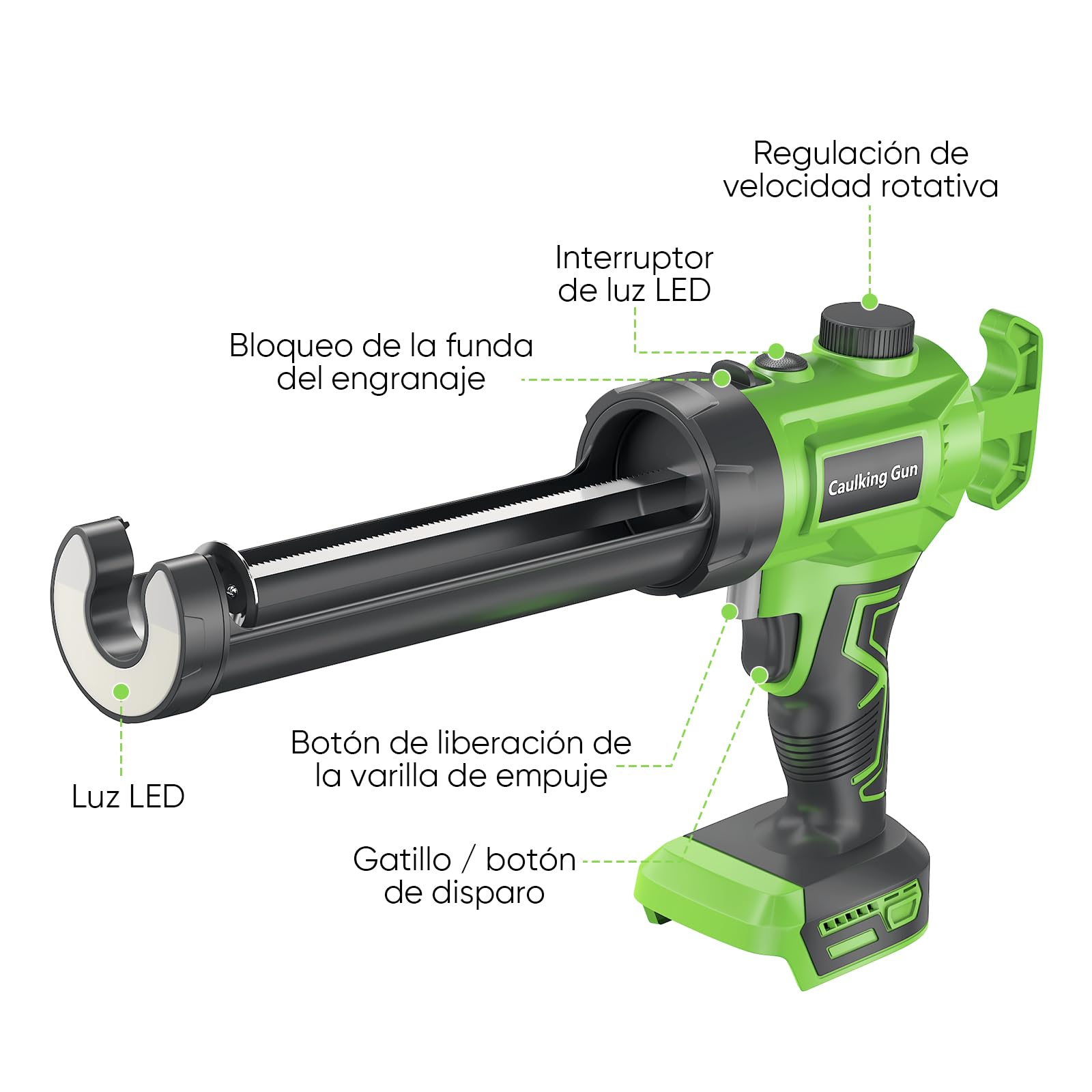 Pistola de cartuchos eléctrica con luz LED, regulación de velocidad continua, con dos baterías, para cartuchos de 280 ml-330 ml