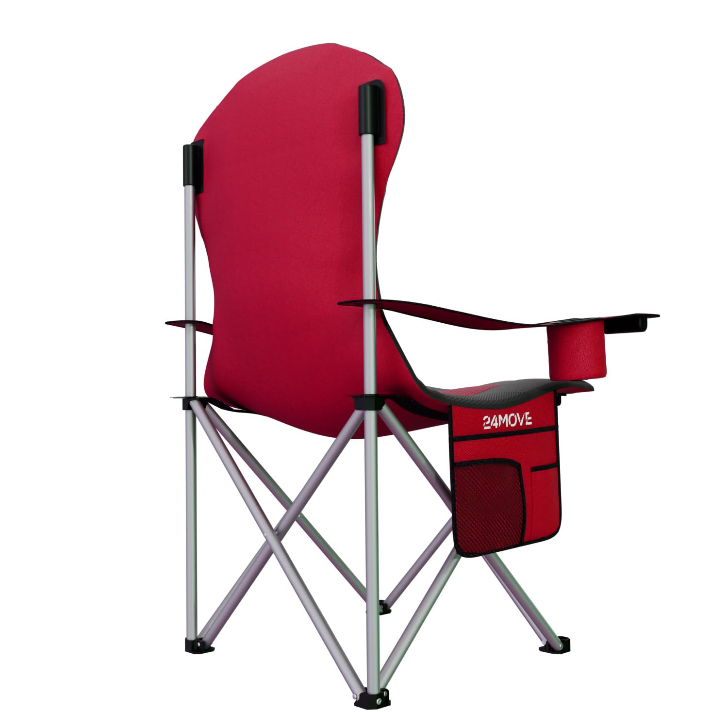 24MOVE® Campingstuhl faltbar bis 150 kg, Faltstuhl Angelstuhl Klappstuhl Gepolstert mit Armlehnen, Getränkehalter + Tasche mit hoher Rückenlehne, Strandstuhl, Klapphocker, rot