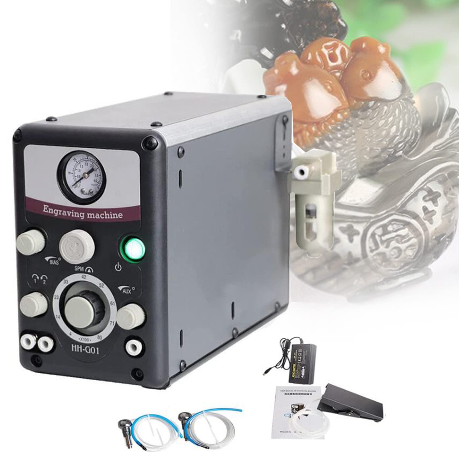 Kit de máquina de grabado neumática, herramienta de micrograbado de doble cabeza de velocidad ajustable para metal, manualidades de joyería, hierro forjado, grabado de precisión con pieza de mano