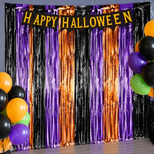 Image of 4 Packs Halloween Foil Fringe Curtain, Orange Black and Purple Metallic Tinsel Backdrop for Birthday, Baby Shower, Bachelorette, Halloween Party Decorations Favors Supplies Indoor Outdoor