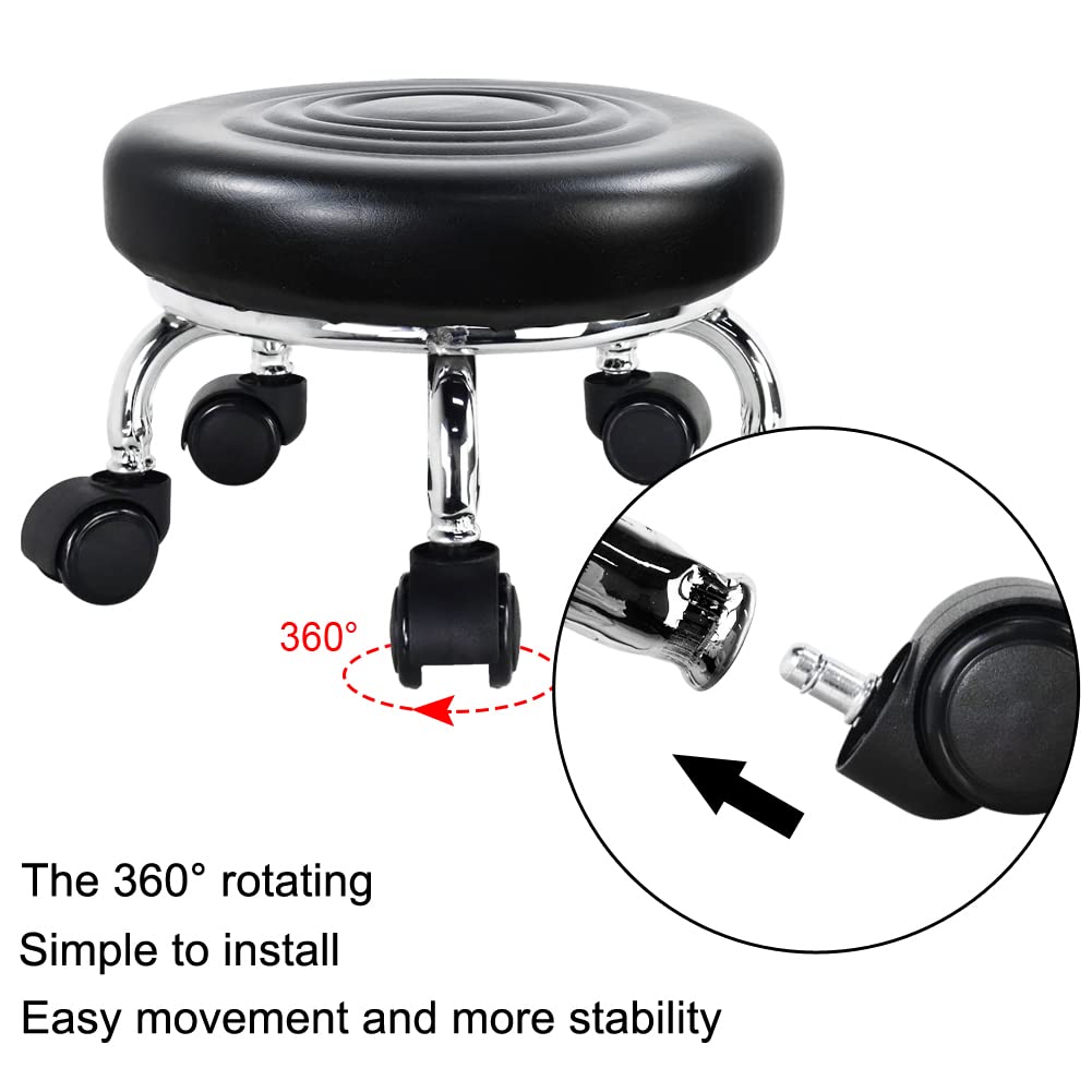 WKWKER Moderne kleine rolkruk PU lederen rolstoel 360 ° draaibare lage ronde kruk met universele wielen voor thuis massage tuin kantoor garage shop fitness sport, H: 30,5 cm (roze
