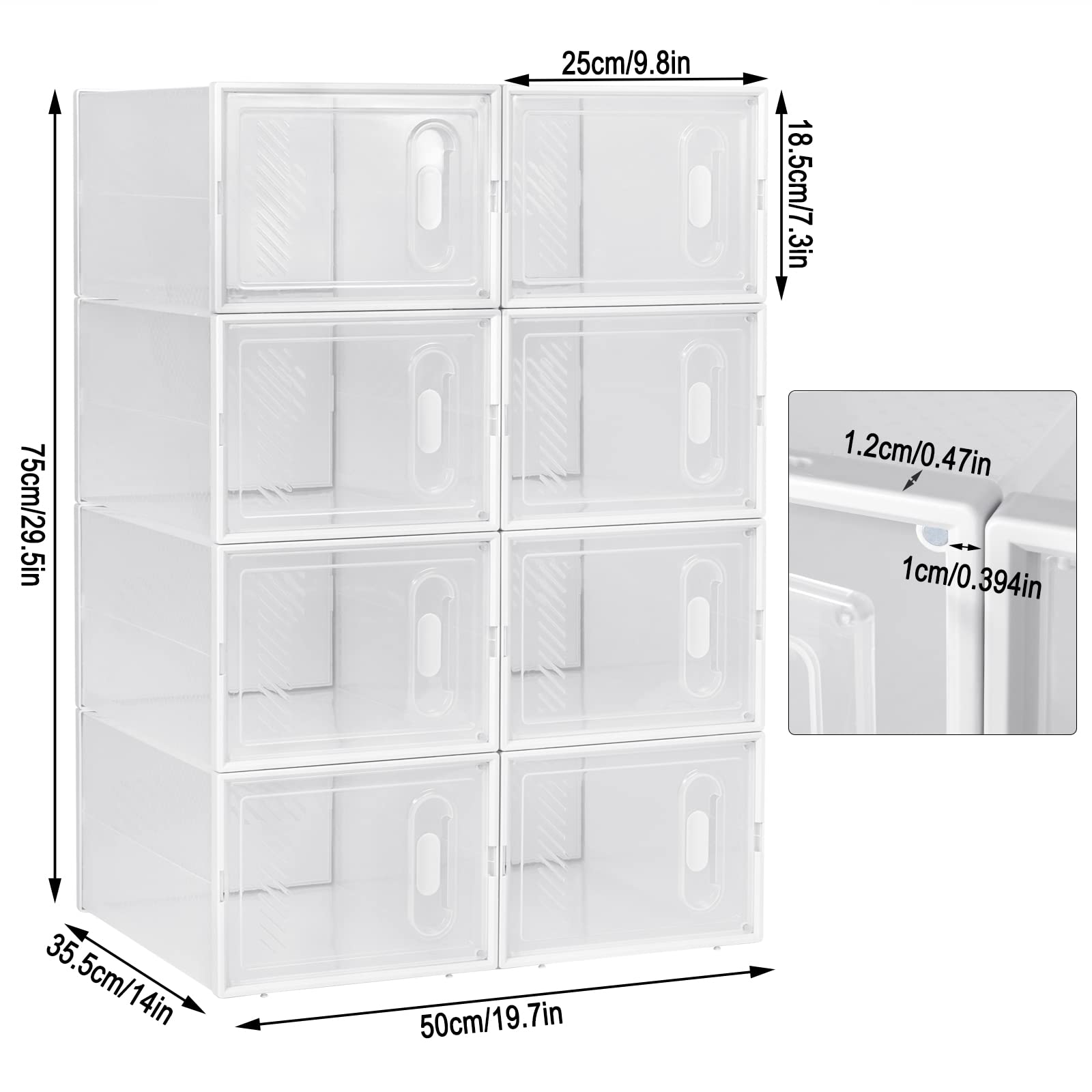 WOLTU Lot de 8 Boîtes à Chaussures Boîtes de Rangement Transparente Boîtes à Jouets en Plastique Pliables et Empilables avec Couvercle, 35x25x19cm (LxlxH)