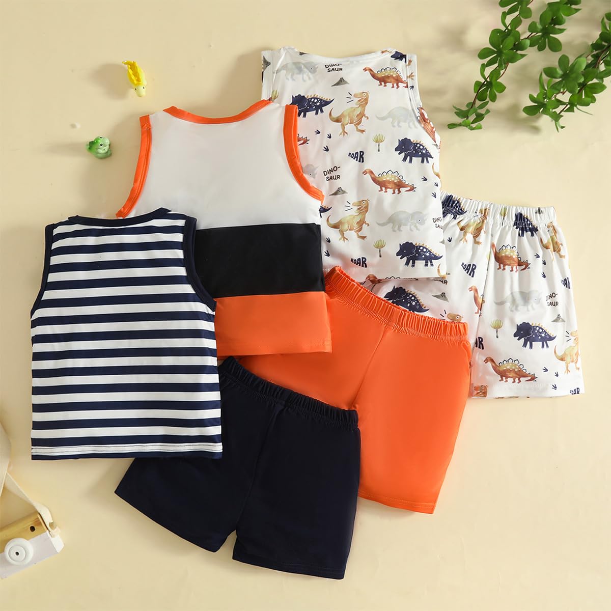 Ropa Verano Para Bebé Niño Manga Corta Mini Dinosaurios y Osos Camisetas sin Mangas a Rayas y Conjuntos Pantalones Cortos