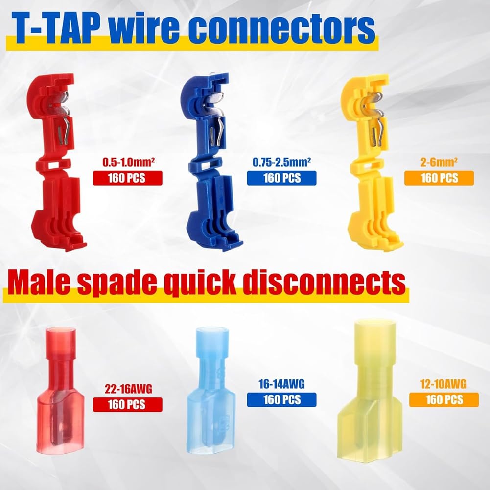 960 Pièces/480 Paires T-Tap Kit de Connecteurs de Fils Auto-Dénudants Auto-Dénudants pour Connexion Électrique Automobile