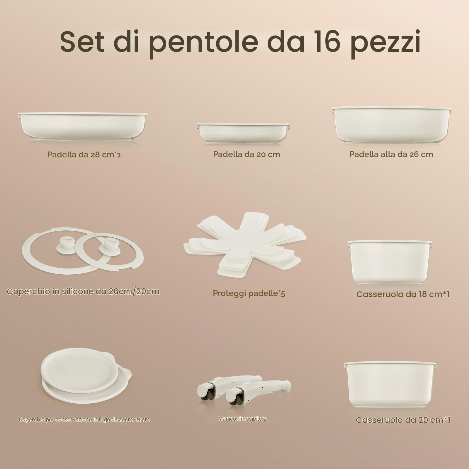 FOHERE Set di pentole e padelle antiaderenti in ceramica con 2 manici rimovibili, set da 16 pentole a induzione con coperchio per tutti i piani cottura, forno e frigorifero