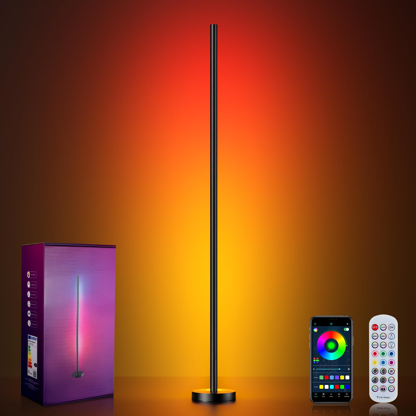 OIYN Smart RGBICW LED Corner Floor Lamp - 16 Million DIY Colors, 68+ Scenes, Music Sync, App & Remote Control, Color-Changing Ambient Lighting for Living Rooms, Bedrooms, and Gaming Rooms: 1 Pack