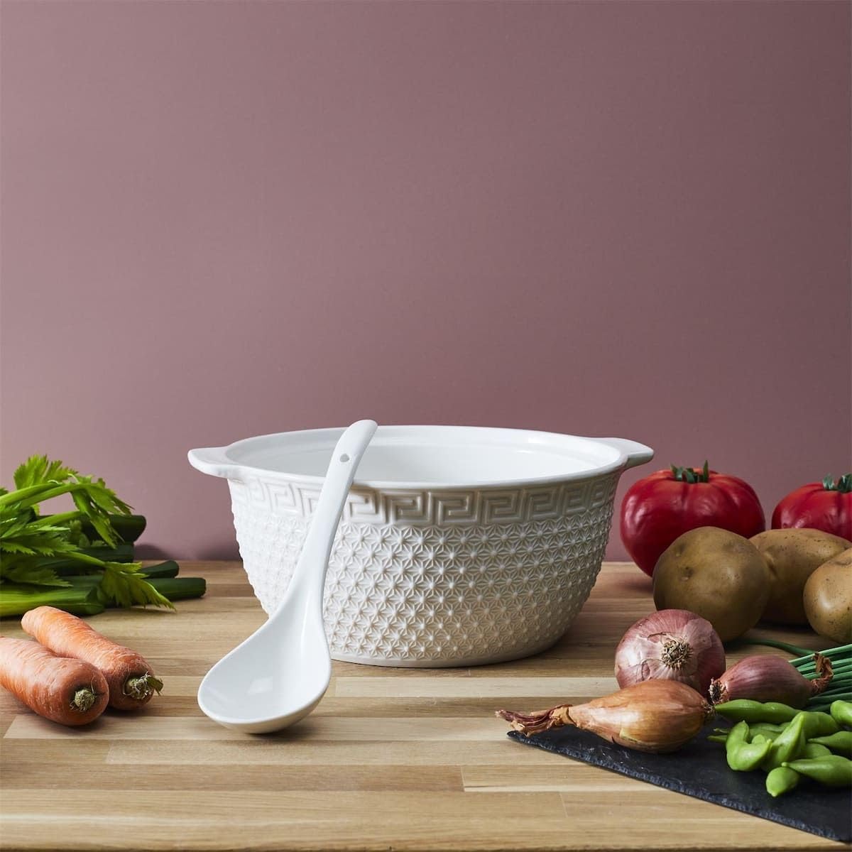 AltoBuy Service à Soupe en céramique Blanche avec soupière (2,7 L), louche et 6 Bols (25 cl)