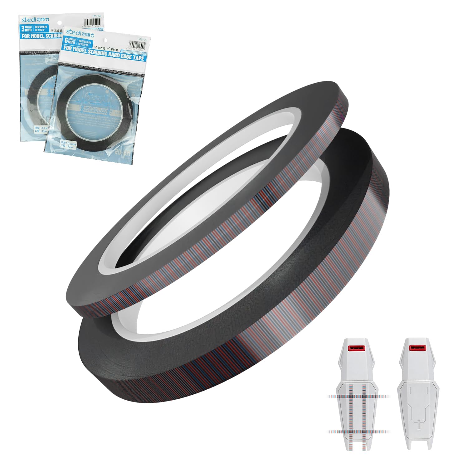 stedi Hobby Precision Scribing Tape with Printed 1mm Scale Ruler, Self-Adhesive Masking Tape for Carving, Engraved Lines, Panel Line, Gundam & Scale Model(3mmx33m+6mm*33m/2pcs)