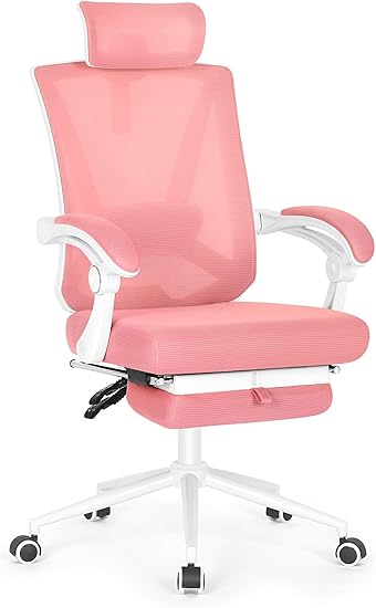 Misolant Ergonomic Office Chair with Footrest, Pink Desk Chair with Adjustable 2D Lumbar Support, High Back Mesh Ergonomic Office Chairs with Adjustable Headrest and Linkage Armrest