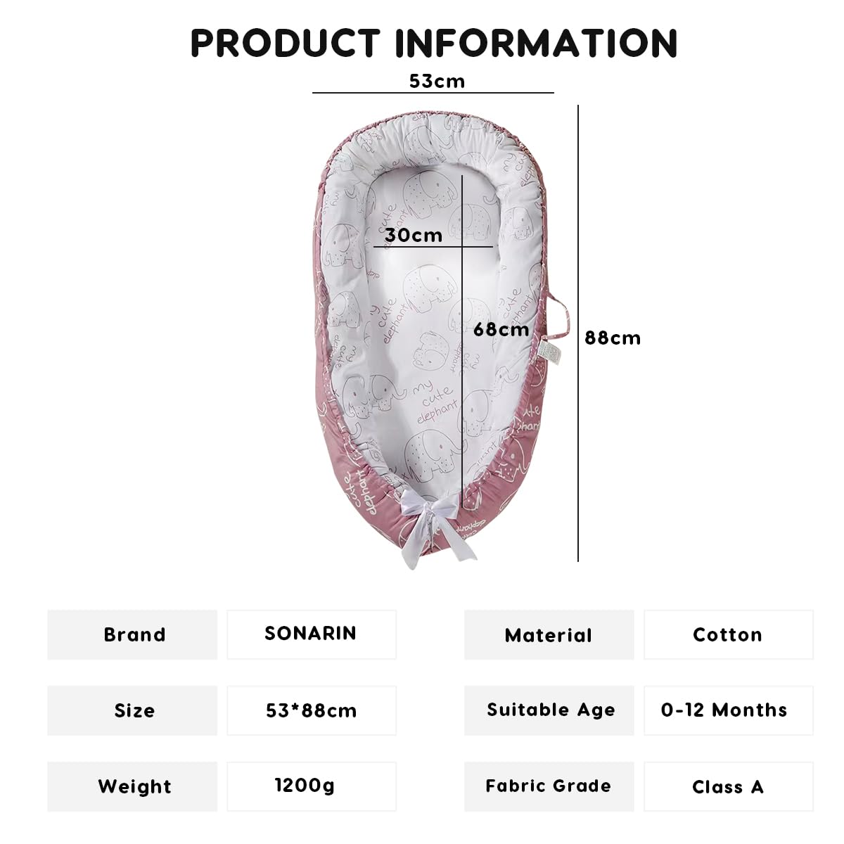 SONARIN Portable Reducteur de Lit Bébé,Nid Bébé Cocoon Nouveau-né Doux Respirant,Couffin de Voyage Nourrisson avec 100% Coton Housse Réversible Lavable,88 x 53 cm(Rose-Éléphant)