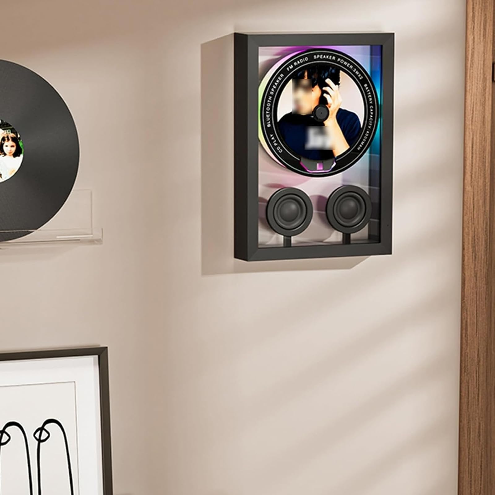 Lettore CD Bluetooth montabile a parete, cornice musicale con diverse modalità di riproduzione, 4 luci ambientali, 3 opzioni di posizionamento, decorazione per casa/parete