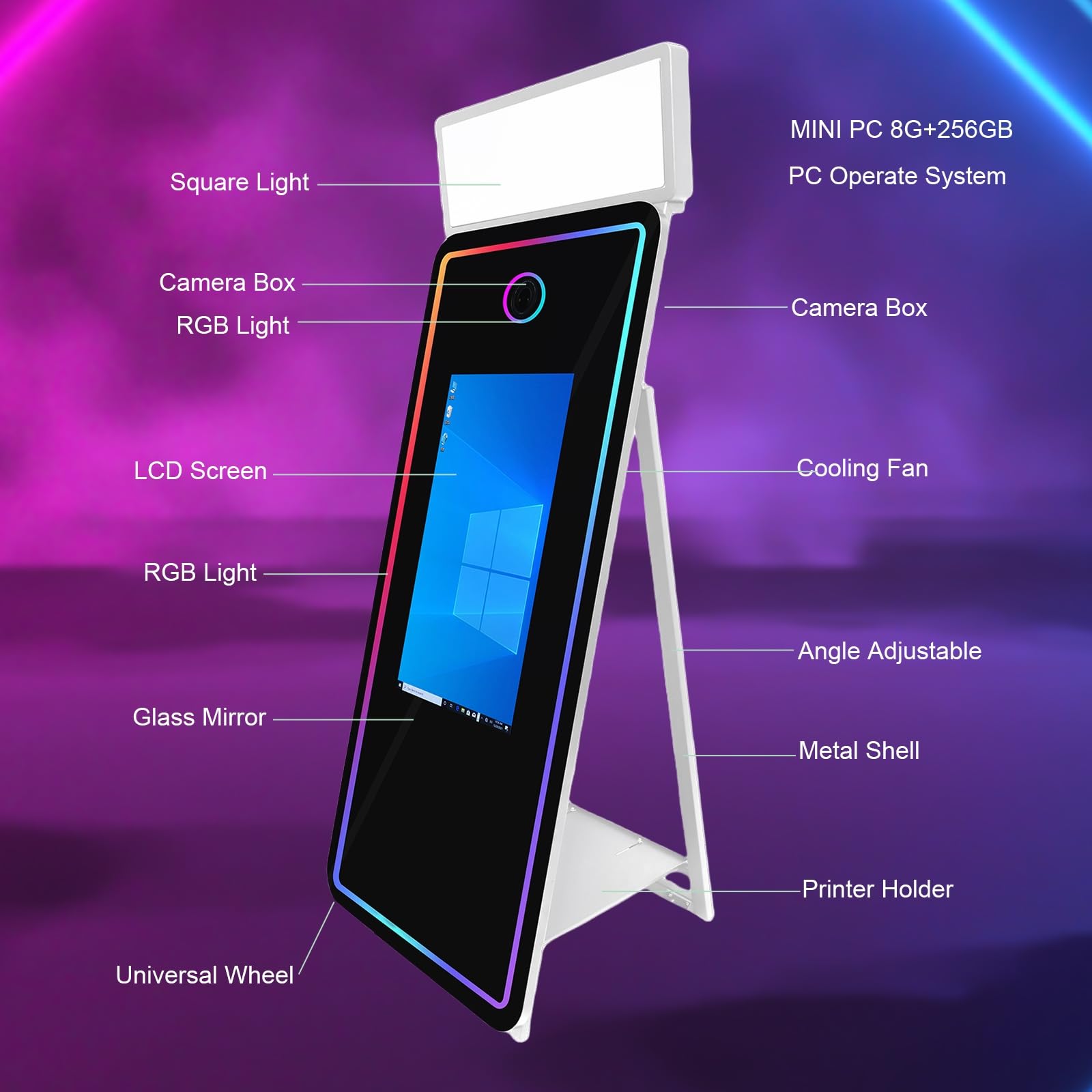 Magic Mirror Photo Booth Machine 165-81.3 cm fotobudka z ekranem dotykowym ze światłem RGB, drukowanie pomysłów i udostępnianie na imprezę (białe + kwadratowe światło, maszyna)
