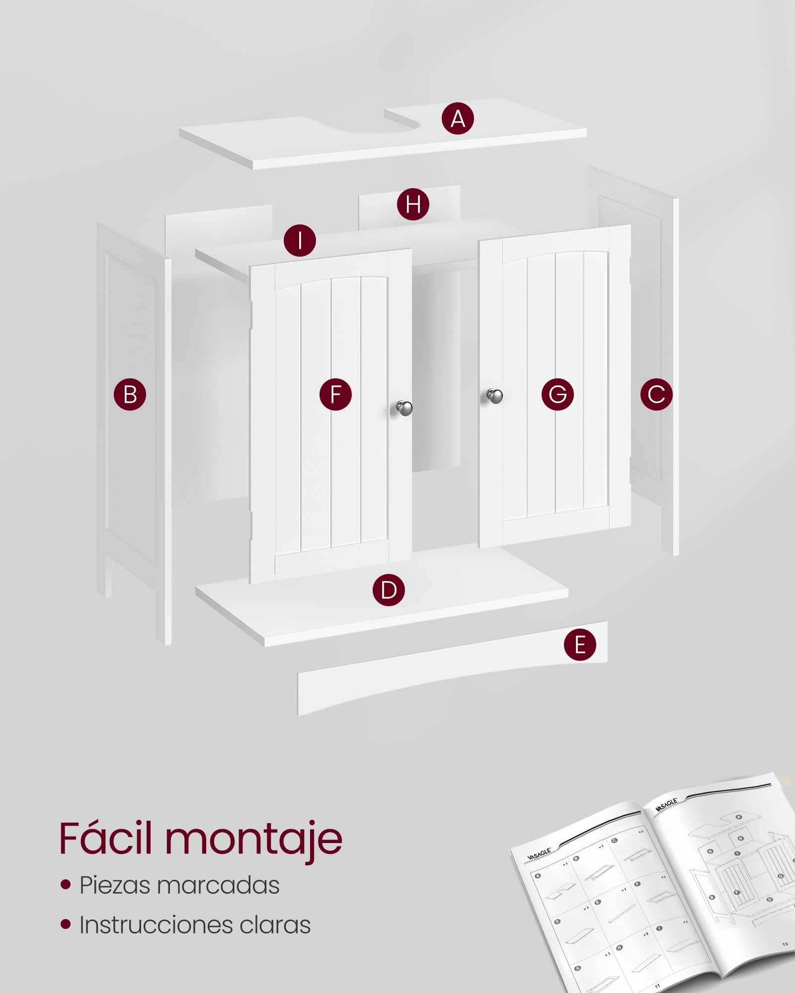 VASAGLE Mobiletto Sottolavandino Armadietto Sottolavabo Scaffale per Il Bagno con 2 Ante 2 Scompartimenti Ripiani Regolabili a Prova di umidità 60 x 30 x 60 cm Bianco BBC01WT