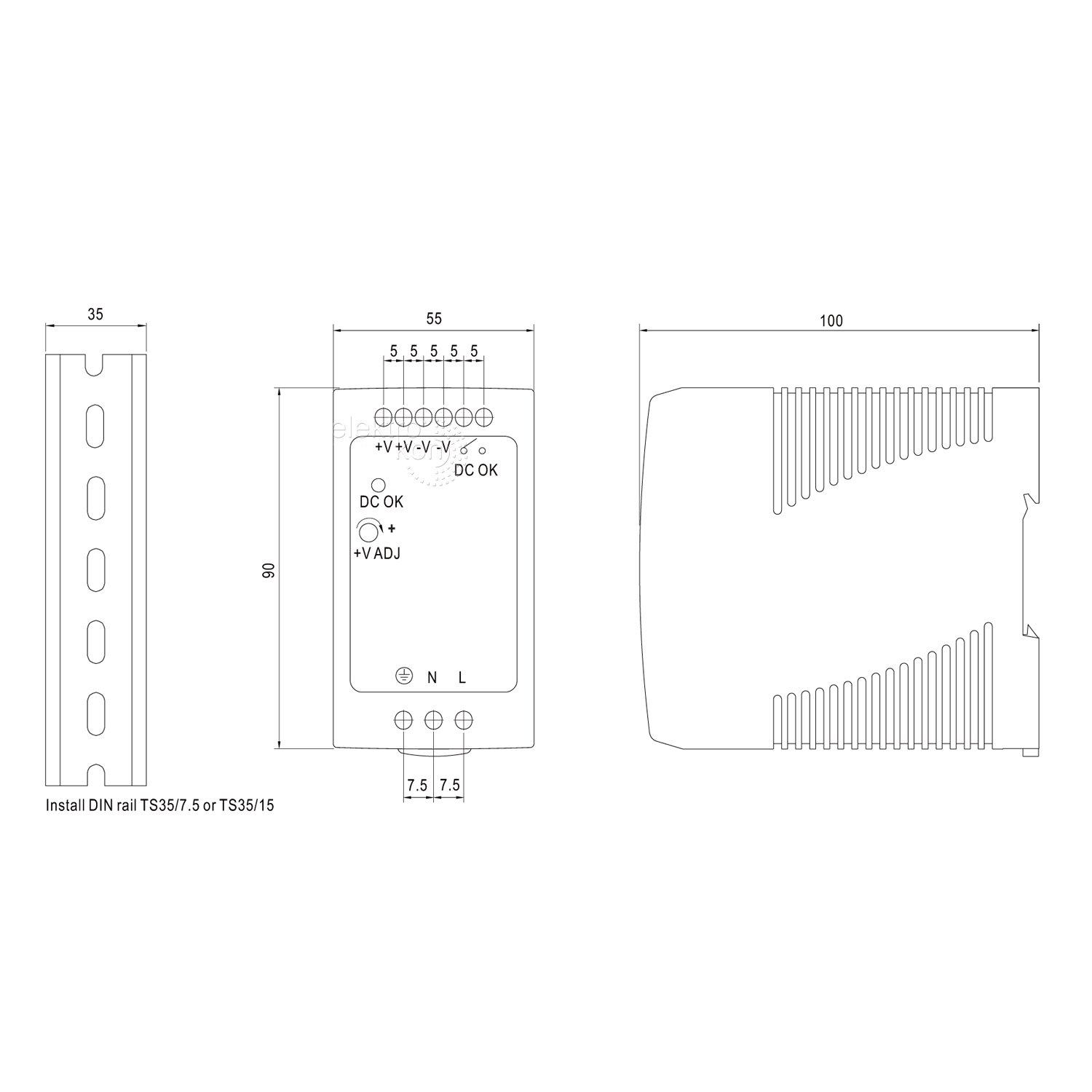 12Vdc 7,5A 100 Watt, Mean Well MDR-100-12 DIN-Rail LED Hutschienen Netzteil