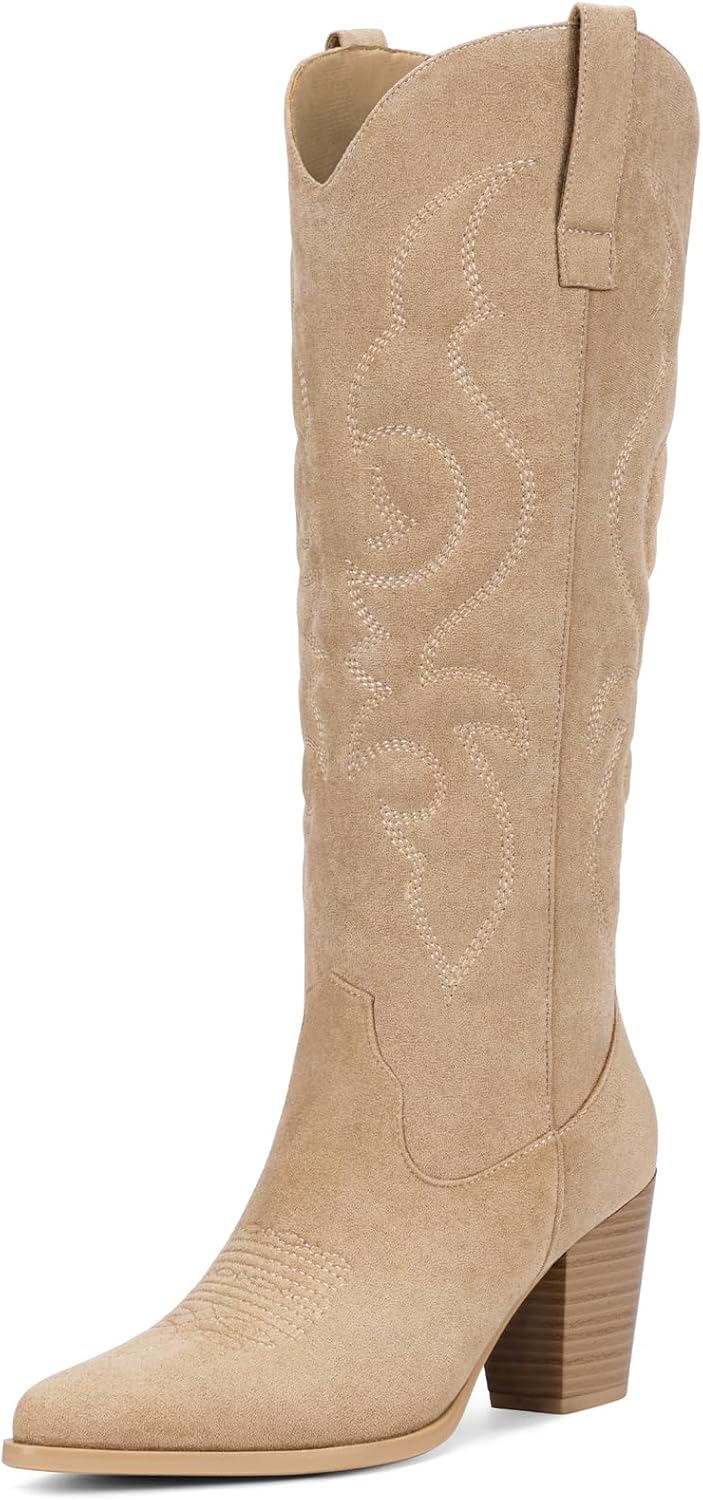 Pasuot Suede Cowboy Boots for Women - Western Knee High Cowgirl Boots with Side Zipper, Retro Pointed Toe Tall Block Heel Pull On Long Boot for Ladies Fall Winter Rodeos Concert Festival Daily