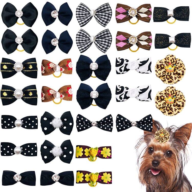 JpGdn 30PCS/15PAIRS Black Dog Hair Bows with Rubber Bands Puppy Hair Bowknot Top Knot Elastic for Girl Female Doggy Cat Rabbit Poodle Pet Animal