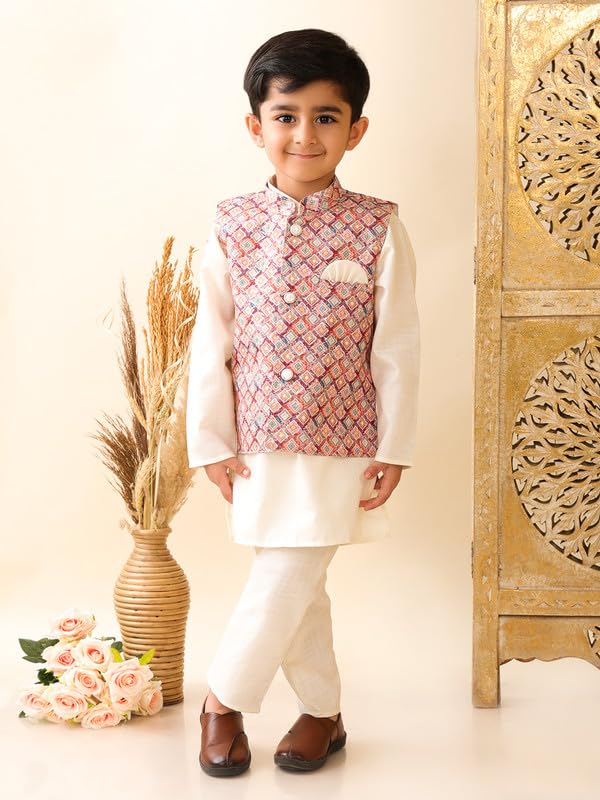 Image of superminis Boys Cotton Printed Full Sleeves Kurta Pyjama with Jacket Ethnic Wear Set