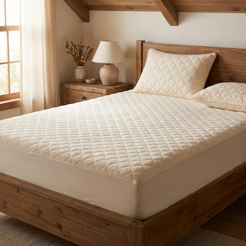 Waterproof Mattress Protector with Washable Wool Filling, Natural Cotton Top, Breathable, Temperature Regulating, Moisture-Wicking, Washable Cover, King