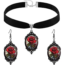 Gothic Rose Flower Glass Necklace Earring Set for Women Vintage Punk Victorian Dark Red Roses Flower Black Velvet Choker Necklace Halloween Cosplay Party Accessories Jewelry