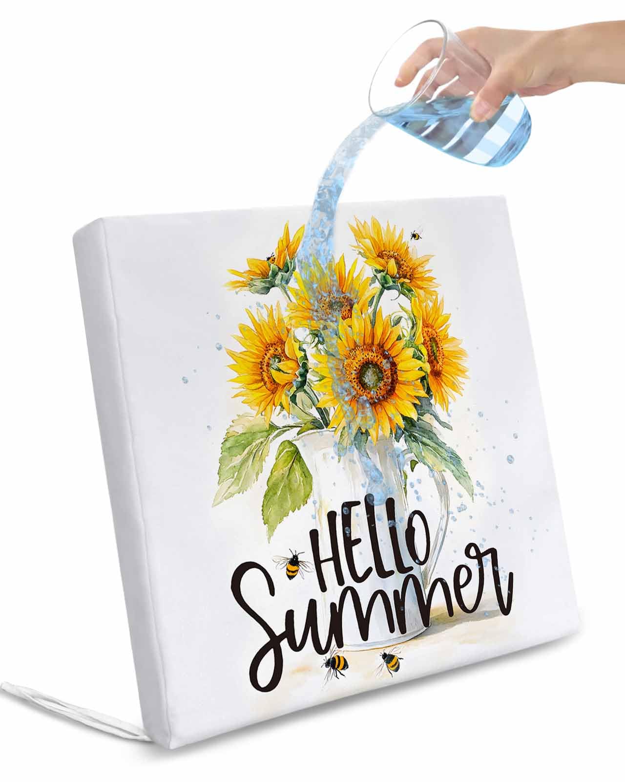 2 Pack Summer Sunflower Waterproof Cushion Covers with Ties, Outdoor Patio Chaise Lounge Chair Seat Cushion Slip Covers Replacement(Only Cover) Watercolor Yellow Floral White Bottle 22